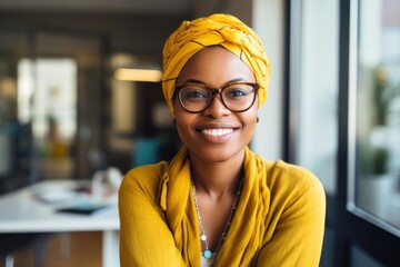 Canvas Print - Smiling african woman portrait glasses yellow.