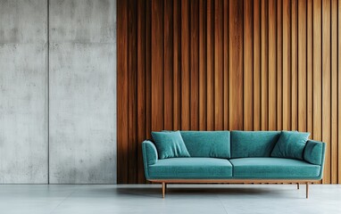 Minimalist interior design of a modern living room featuring a turquoise sofa against a backdrop of concrete and wooden paneling, offering sleek contrast and ample copy space 