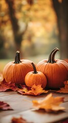 A photograph of pumpkins and autumn leaves on a wooden background, showcasing the beauty of the fall season