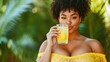 © Intelligent Horizons - Confident and radiant plus size female model enjoying a refreshing glass of lemon water in a lush tropical setting as part of her healthy morning routine focused on and wellness