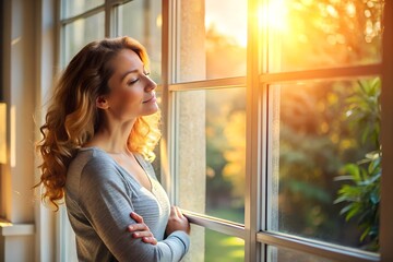 Poster - Serene woman standing by a window, bathed in sunlight, embracing a quiet and peaceful moment