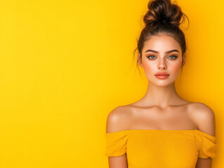 A young woman poses confidently against a vibrant yellow background in casual attire