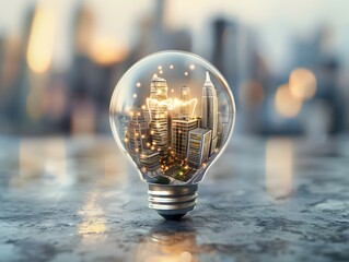 Poster - Miniature City Illuminated Inside Light Bulb Symbolizing Urban Innovation and Modern Life Ideas