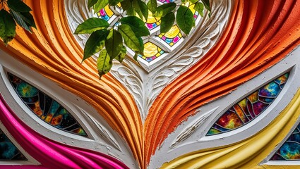 Poster - Abstract colorful stained glass window with leaves.