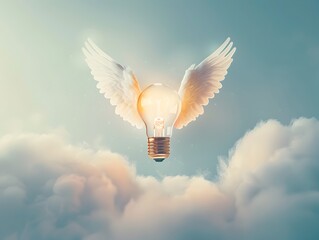 Poster - Winged Light Bulb Soaring Through Clouds   Symbolizing Infinite Creativity and Unrealized Potential