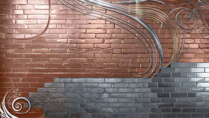 Wall Mural - Abstract brick wall background with metal swirls and light