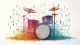 An artistic representation of a drum kit enveloped in a cascade of vivid musical notes, combining modern aesthetics with the essence of music's lively spirit.