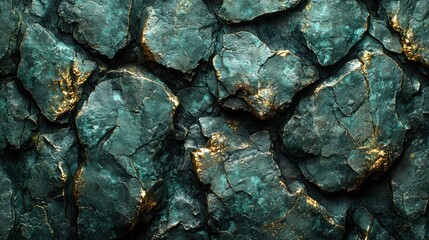 Wall Mural - An artistic close-up of textured rocks displaying dark teal shades and striking golden veins, creating a visually captivating pattern.
