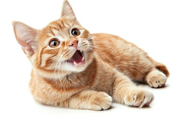 Adorable orange kitten with expressive eyes and playful demeanor, lying down and ready to engage with its surroundings.