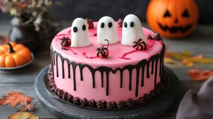 Wall Mural - Halloween themed pink cake with ghost decoration