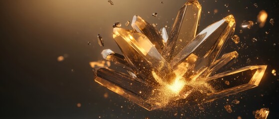 Wall Mural - A dazzling crystal formation with golden hues and dynamic shards, emitting a vibrant glow that creates a captivating visual effect.
