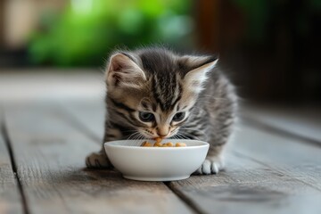 Kitten Eating. Domestic Baby Cat and Food Bowl on Wooden Floor