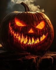 Wall Mural - close up portrait of glowing halloween jack o lantern pumpkin with spooky smile and open mouth in da