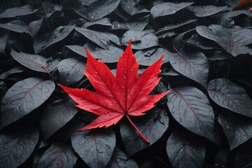 Bright Red Leaf Lying Against a Background of Black Leaves on a Rainy Day