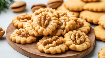 Close-up of homemade walnut cookies with honey glaze on a wooden serving board, soft focus background