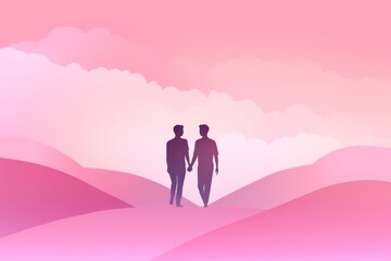 Sticker - Gay couple gradient background pink togetherness silhouette.