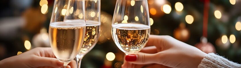 Two champagne flutes clinking, celebration toast with bokeh background.