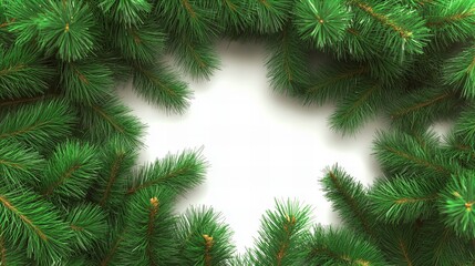 Green pine branches create a festive frame against a white background.