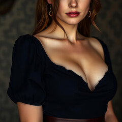 Canvas Print - Sexy young beautiful medieval European woman in soft seductive casual dress, medieval or renaissance, noble outcast, medieval gorgeous woman with low-necked dress showing off perfect body