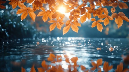 Wall Mural - Golden autumn leaves hanging over a calm lake reflecting the setting sun.