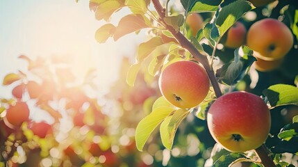 An apple orchard with fruit-laden branches reaching towards the sky. Plenty of copy space above