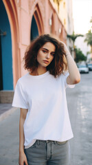 Wall Mural - A trendy young woman is wearing a stylish white tshirt outdoors. A girl in casual outfit. Good for mockup