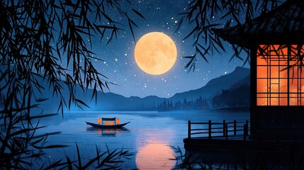 Wall Mural - full moon, night sky with stars, lake, close shot of the boat in the frame, kongming lanternsï¼œwarm