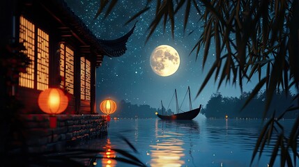 Wall Mural - full moon, night sky with stars, lake, close shot of the boat in the frame, kongming lanternsï¼œwarm