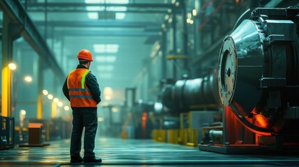 A worker in safety gear observes machinery in a large industrial facility.