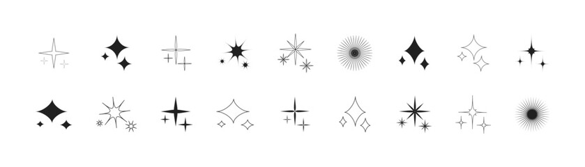 Wall Mural - star shapes. stars, sparks and sparkles. retro futuristic stars sparkle vector icons. shine or spark