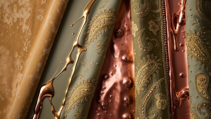 Golden liquid paint splashes over fabric with paisley pattern and copper texture.