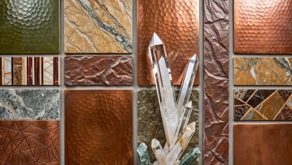 Canvas Print - Textured copper tiles with a crystal and various stone tiles.