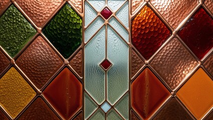 Poster - A close-up of a colorful stained glass window with a diamond pattern.