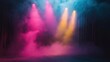 © Pixora Labs - Dimly lit theater stage, colorful beams of light shining through thick smoke