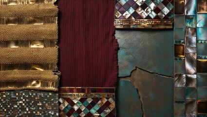 Canvas Print - Textured background of gold, red, and mosaic tiles.