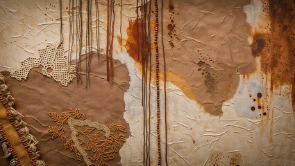 Wall Mural - Rustic brown, beige and white texture with lace, beads and rust details.