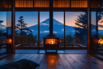 Wall Mural - Fireplace mountain nature window.