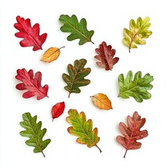 Poster - Stack of oak autumn leaves in a top view, flat lay. Red, green, and yellow leaves.