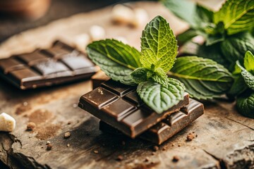 Sweets. Pieces of chocolate with fresh mint leaves for dessert on a wooden background.