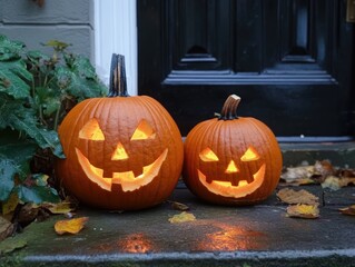 Wall Mural - Carved pumpkins on a doorstep