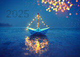 Fototapeta Morze - lightning paper boat on the sea with lantern sails and flying birds in shape of 2025