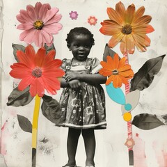 Poster - Paper collage of African little girl flower portrait painting.