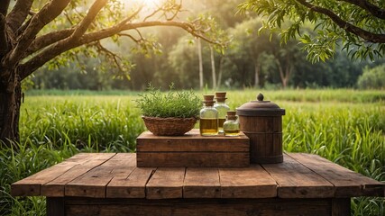 tree table wood podium in farm display for food generate ai