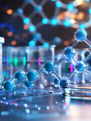 a 3d rendering of a molecular structure, showcasing a vibrant blue molecule. the background features