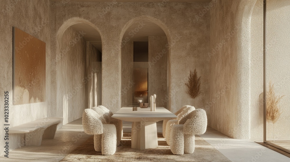 Modern dining setup with boucle chairs and a minimalist table in a room ...
