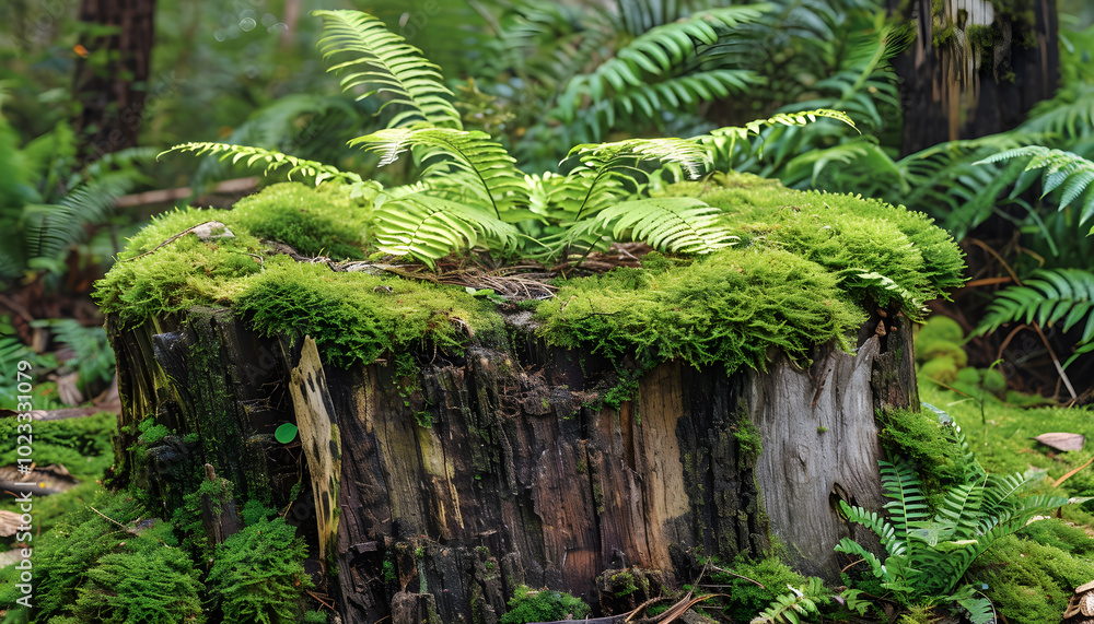Tree stump with green moss and fern plants in forest Stock Illustration ...