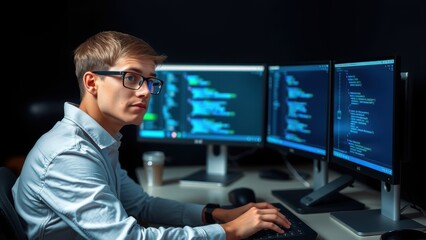 Young male programmer or administrator in a data center at his workplace in front of large monitors analyzes data or develops programs and applications.