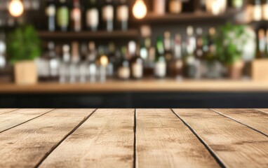 A rustic wooden table in a cozy bar setting, beautifully blurred background showcasing a variety of bottles and ambient lighting.