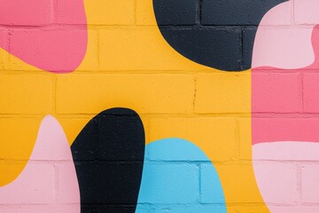 Wall Mural - Vibrant abstract mural featuring bold shapes in pink, black, yellow, and blue, perfect for contemporary design and artistic projects.