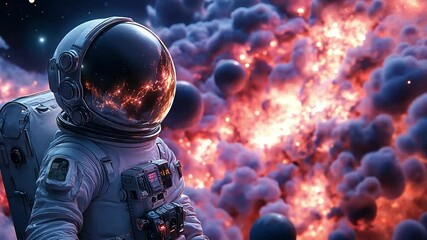 Wall Mural - an astronaut explores a vibrant cosmic landscape filled with colorful nebulae and stars